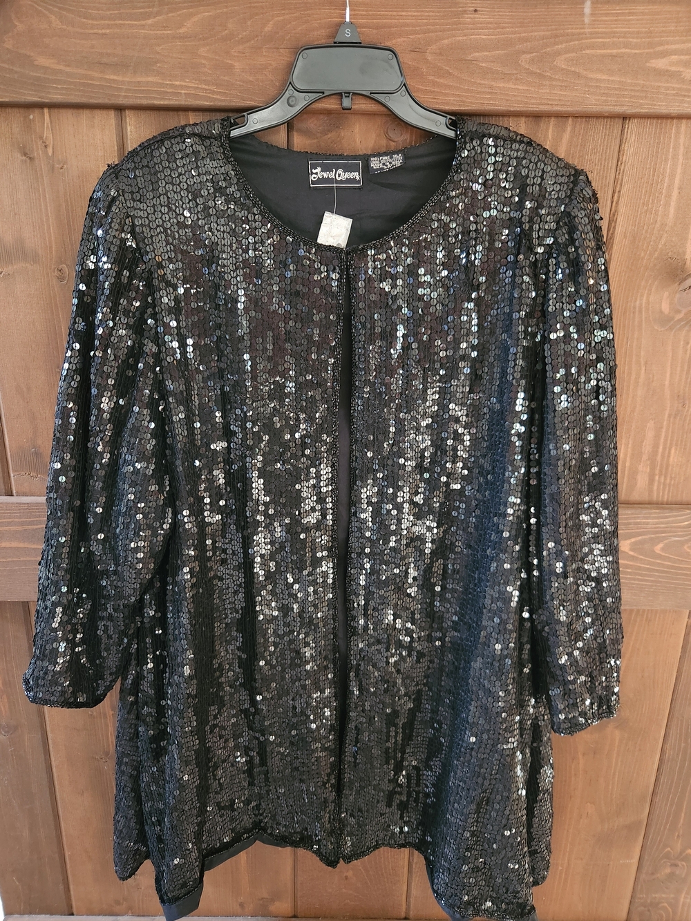 Vtg Jewel Queen 3X Black Sequin Jacket 100% Pure Silk Evening Open Front Shrug